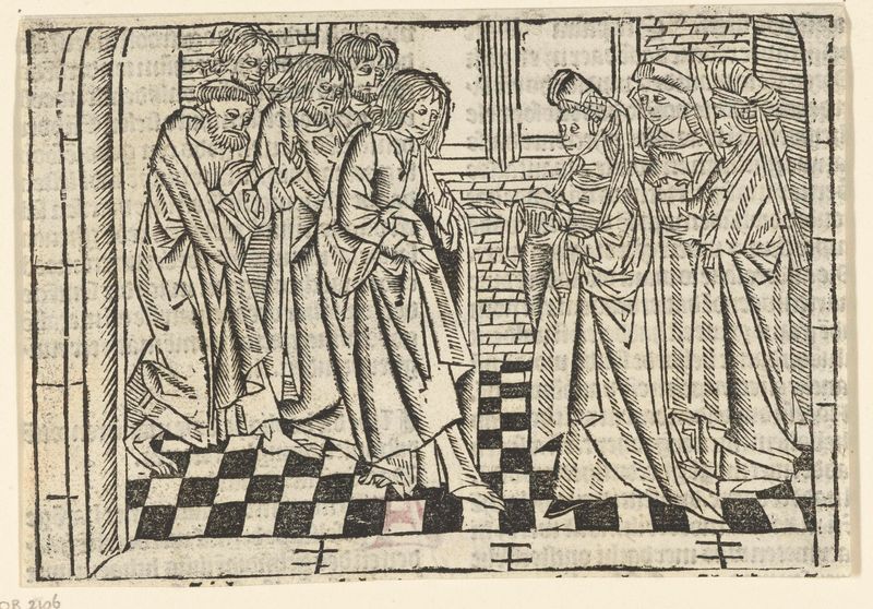 Religious scene with three figures in soft palette, paper by Master of Delft
