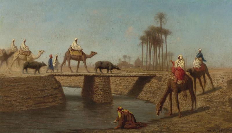 A Bridge, High Egypt by Charles Théodore Frère, oil painting depicting a stone bridge at sunset.