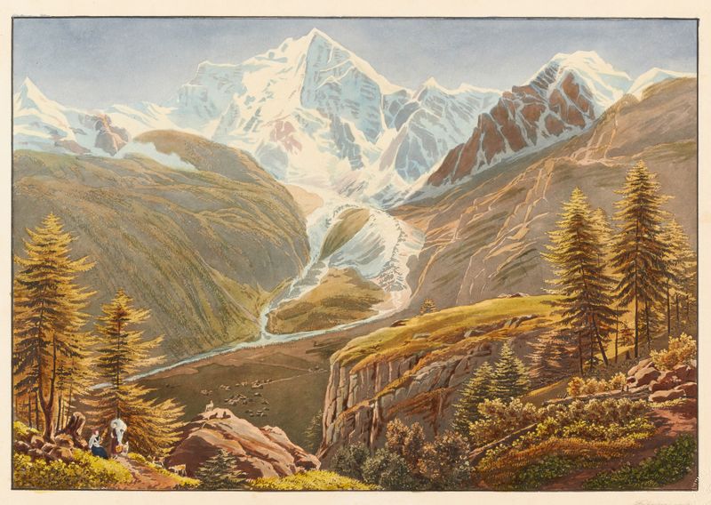 Paisagem de Mont Rosa por Gabriel Lory o Jovem, óleo sobre tela mostrando montanhas e névoa