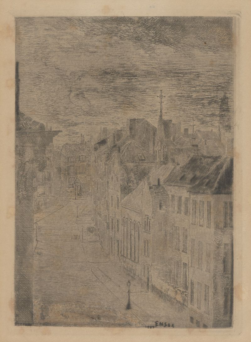 Paisagem com árvores e oceano de James Ensor, pintura a óleo