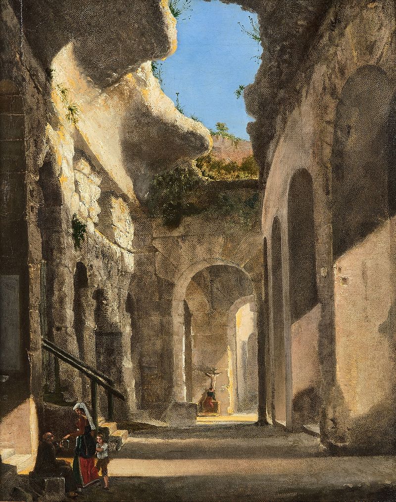 Oil on canvas by François-Marius Granet depicting the Colosseum with figures at sunset.