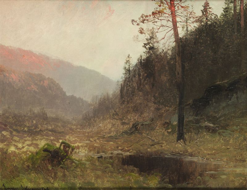 Paisagem com cores do crepúsculo e flores silvestres de Ludvig Skramstad, pintura a óleo