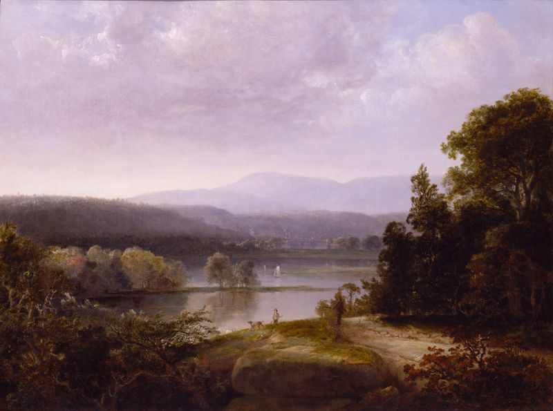 River View with Hunters and Dogs by Thomas Doughty, oil painting depicting hunters and dogs at twilight.