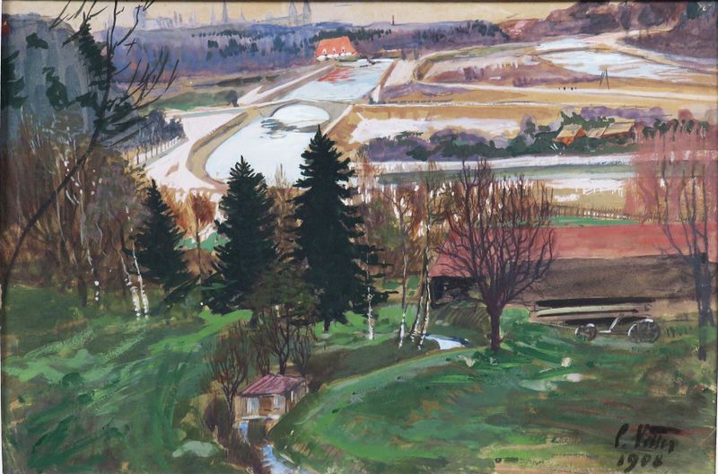 Landscape oil painting by Charles Vetter featuring rolling hills and a bright sky.