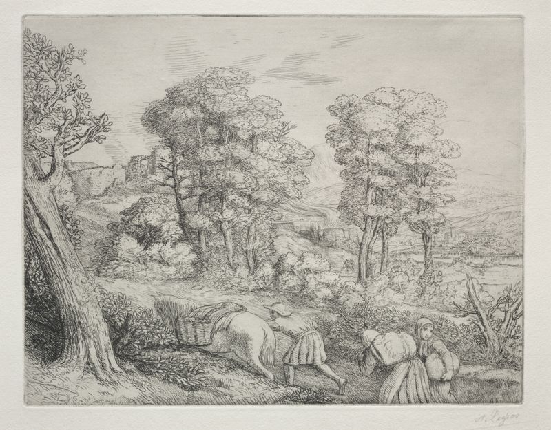 Pintura a óleo de Alphonse Legros retratando campos rurais com luz suave.