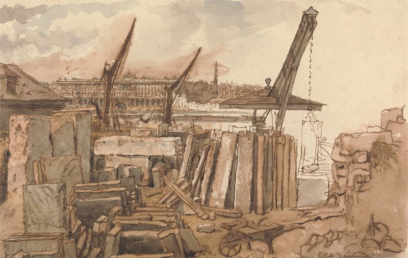 The Building of Waterloo Bridge by William Henry Hunt, watercolor on paper, depicting builders at dawn.
