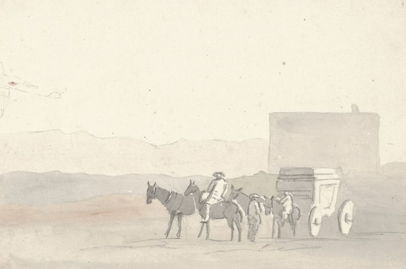 Watercolour by Abraham-Louis-Rodolphe Ducros depicting cliffs and a path in Terracina.