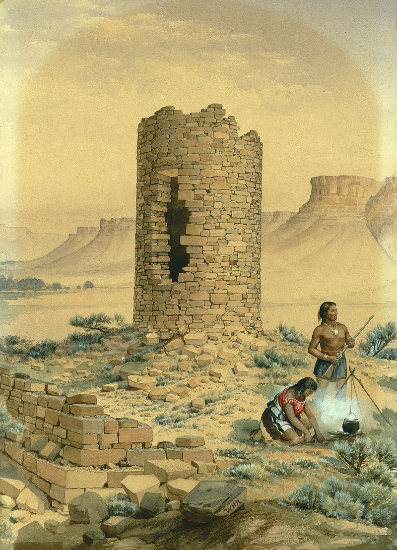 Ancient stone round tower surrounded by greenery, oil painting by William Henry Holmes