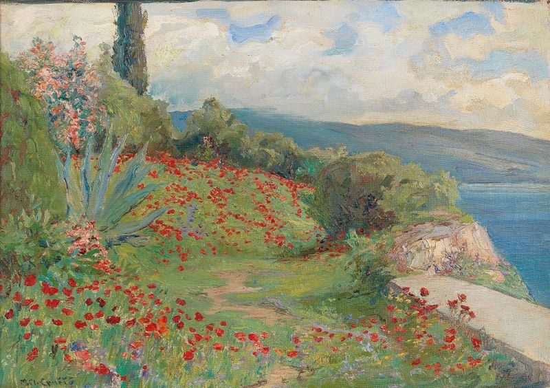 Spring Day on the Coast, oil painting by Menci Clement Crnčić, depicting waves and light on the ocean.