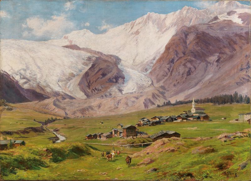 A View of Saas Fee, oil painting by Silvio Poma, depicting mountains and clouds.