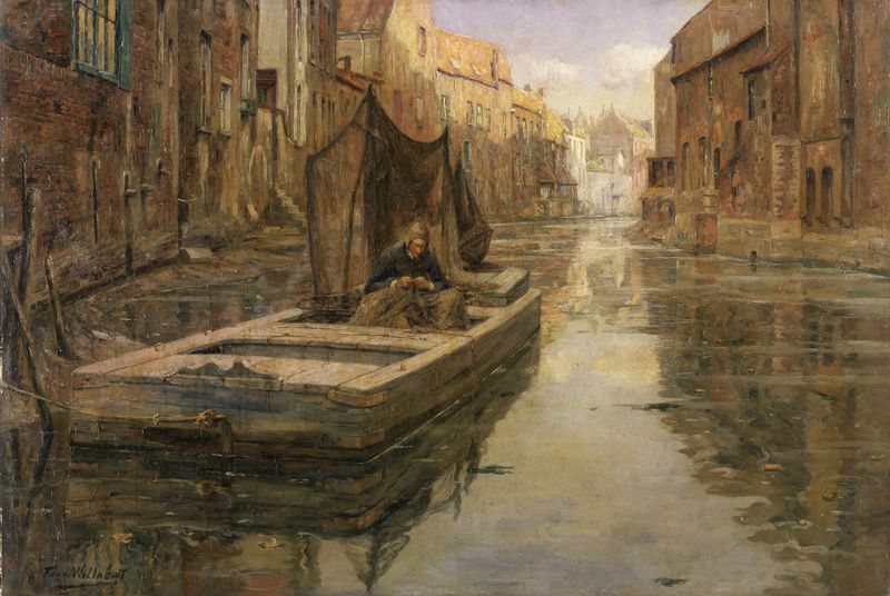 Fisherman on the Oude Houtlei in Ghent, oil on canvas by Ferdinant Willaert