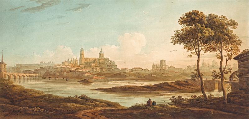 City on a river de John Varley, pintura al óleo que muestra una ciudad junto al agua.