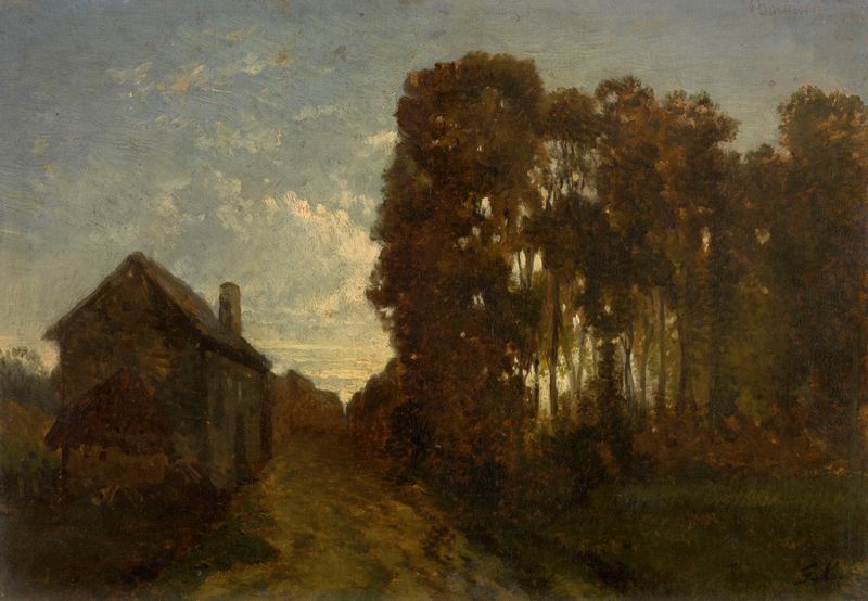 Barbizon at Dusk by Jean Pierre François Lamorinière, oil painting depicting a twilight landscape with clouds.