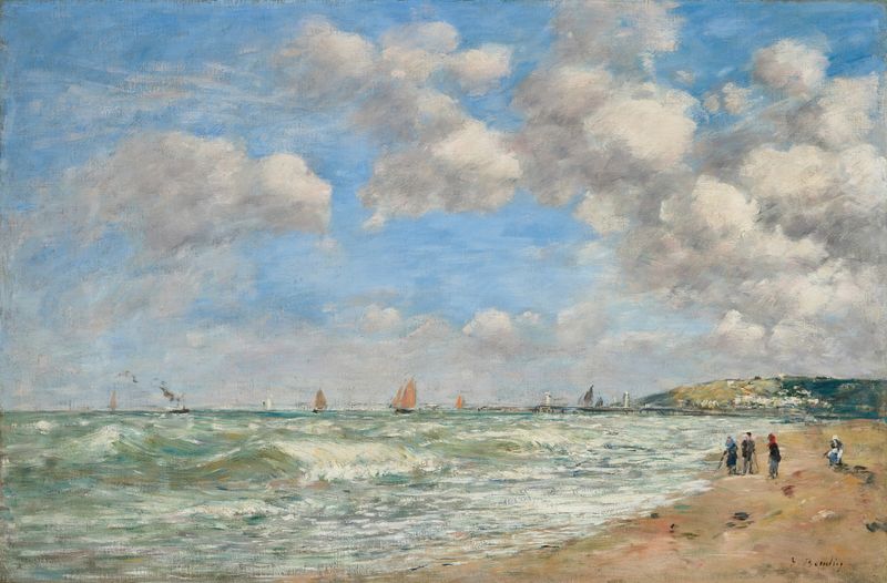 Oil painting by Eugène Boudin depicting a beach at high tide with soft waves.