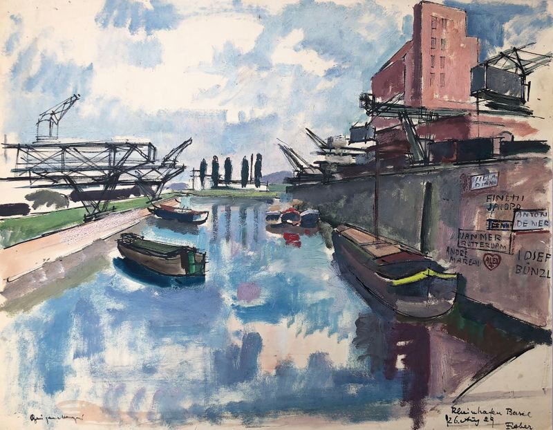 Paisaje expresionista de Rheinhafen Basel de Otto Geigenberger, con el río Rin.