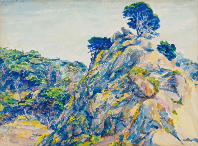 Point Lobos de Ernest Haskell, aquarela sobre papel representando o oceano e a costa rochosa
