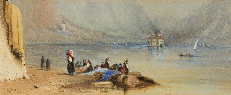Castillo de Chillon, Lago de Ginebra de Robert Taylor Pritchett, óleo que muestra un castillo junto al agua.