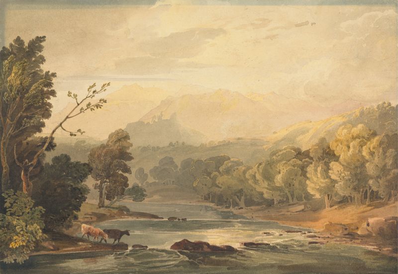 Watercolour by Copley Fielding depicting a river landscape with hills and clouds.