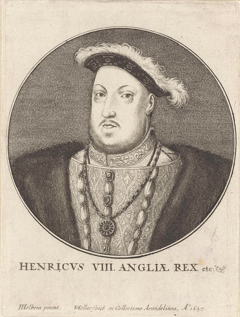 Etching of Henry VIII by Wenceslaus Hollar, featuring a regal figure in opulent attire.