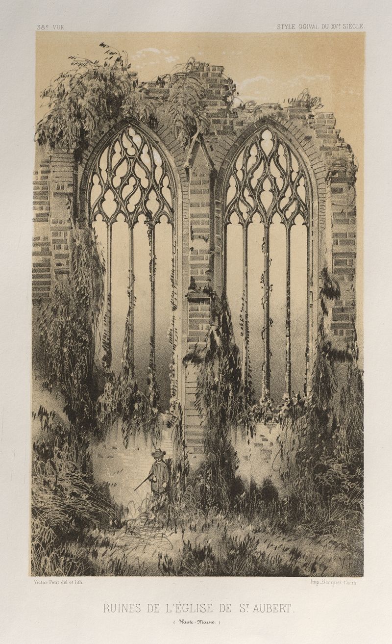 Ruines De L’Église De St. Aubert de Victor Petit, pintura al óleo de ruinas de iglesia contra un cielo deslavado.
