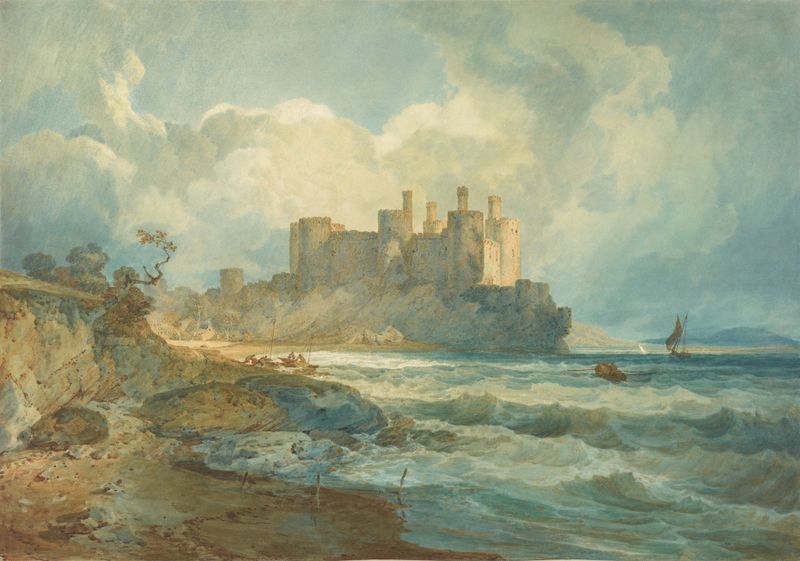 Conway Castle, pintura a óleo de Joseph Mallord William Turner, apresenta um rio e um céu dramático.