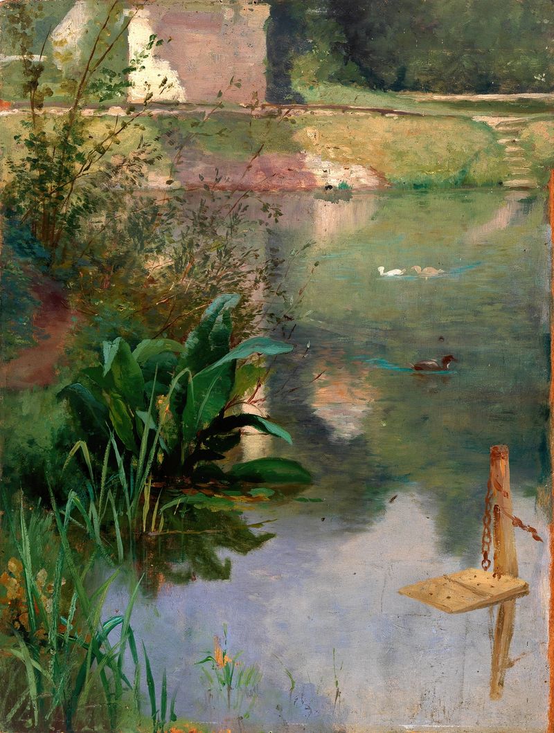 Landscape oil painting by Eliphalet Fraser Andrews featuring a tranquil moat.