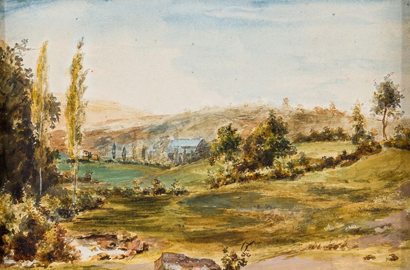 Paisaje de Peter Adolf Hall, óleo sobre lienzo que representa verdes y marrones apagados en una escena natural serena.