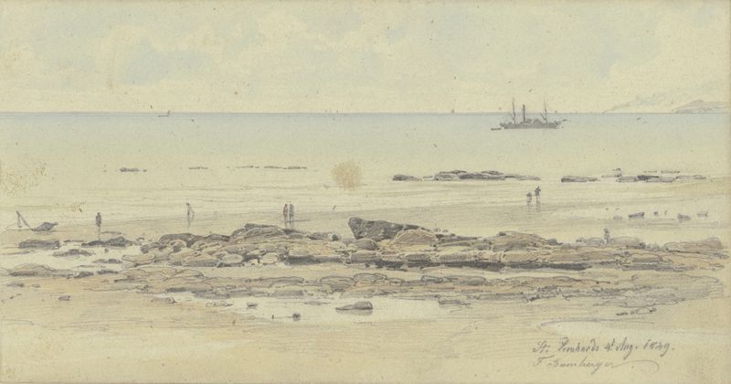 Küste bei Saint Leonards-on-Sea, oil on canvas by Fritz Bamberger, depicting a serene coastal landscape.