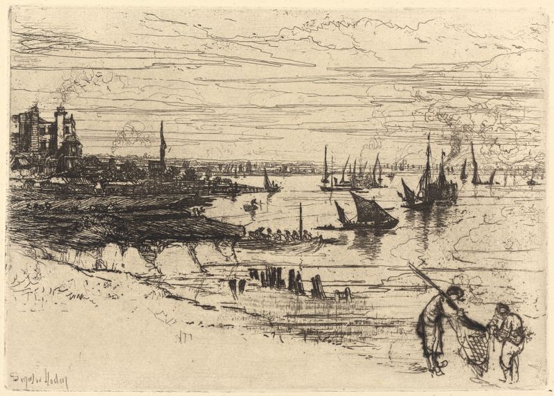 Grabado victoriano de Francis Seymour Haden que representa una posada pintoresca al anochecer con luz cálida.