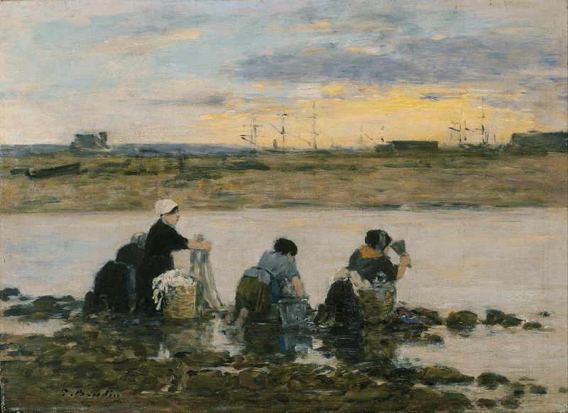 Lavadeiras à beira do rio, óleo sobre tela de Eugène Boudin, retratando figuras trabalhando na margem do rio.