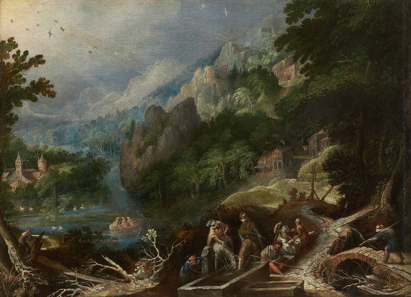 Mountain landscape with travelers at a well, oil on canvas by Frederik Van Valckenborch