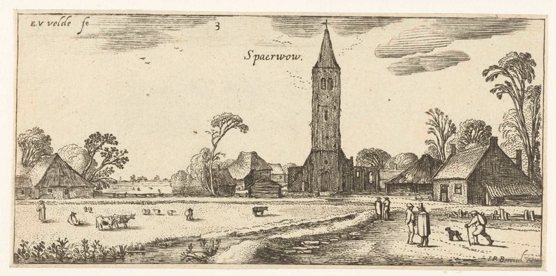 Wandelaars op een weg bij Spaarnwoude, grabado de Esaias van de Velde, mostrando un camino serpenteante en un paisaje.