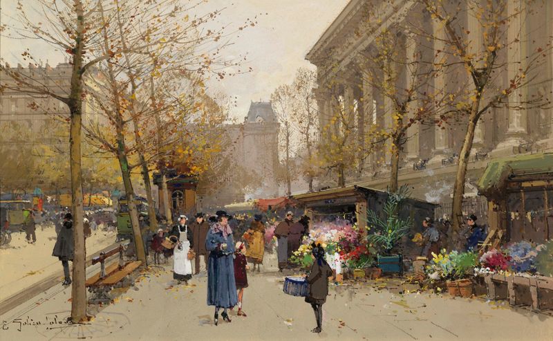 Flower Market, La Madeleine by Eugène Galien-Laloue, impressionism, vibrant flowers and vendors