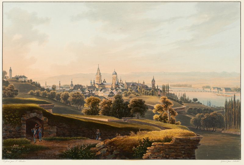 Landscape depicting dawn over Mayence by Johann Ludwig Bleuler, medium unknown