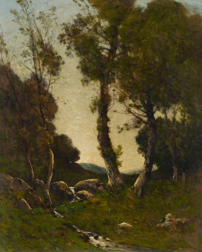 Pintura a óleo de Henri-Joseph Harpignies mostrando um riacho sereno e luz suave.