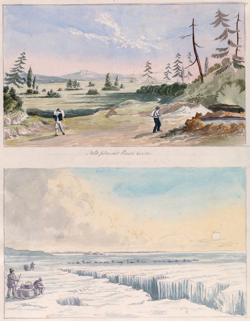 Watercolour by Charles Hamilton Smith depicting salt plains under a somber sky.