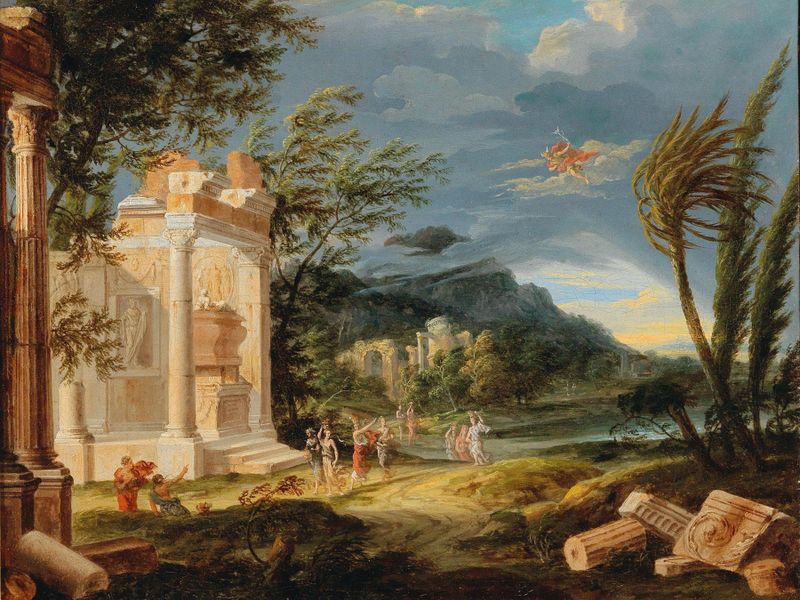 Stormy landscape with figures and Hermes, oil on canvas by French School