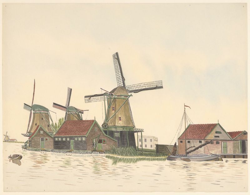 Landscape with windmills and a river, oil painting by Johannes Nicolaas Eijman