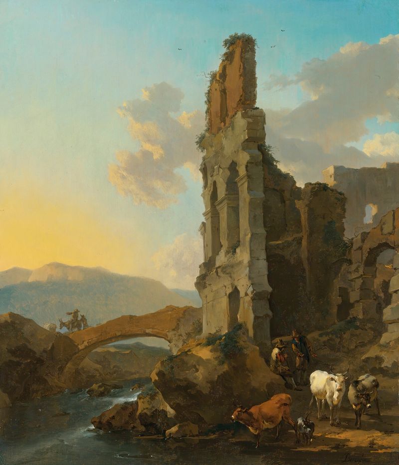 Italianate river landscape with herdsmen and peasants crossing a bridge, oil on canvas by Nicolaes Pietersz Berchem.