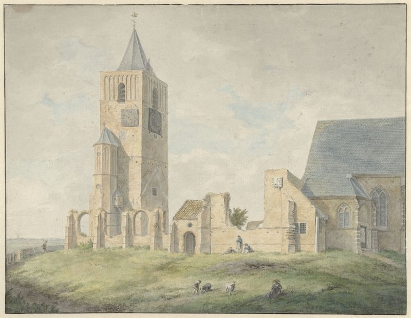 Ruïne van de kerk te Warmond by Franciscus Andreas Milatz, oil on canvas depicting church ruins and light.