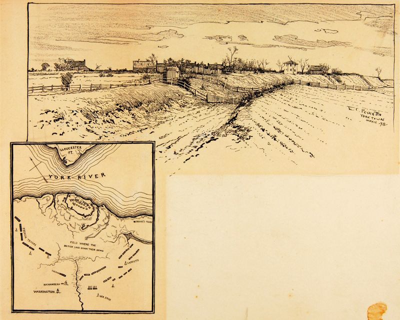 Historical landscape of British entrenchment at Yorktown by Ernest Peixotto, oil painting.