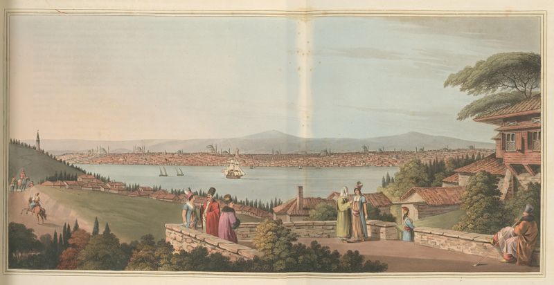 Vista de Constantinopla de Luigi Mayer, retratando um horizonte com a Hagia Sophia, óleo.