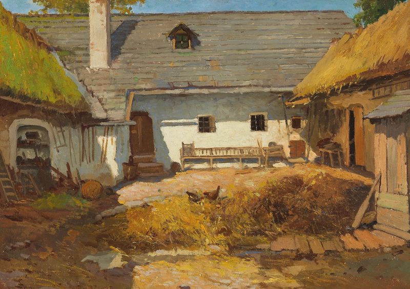 Landscape featuring a farmhouse and trees, oil painting by Konstantin Stoitzner