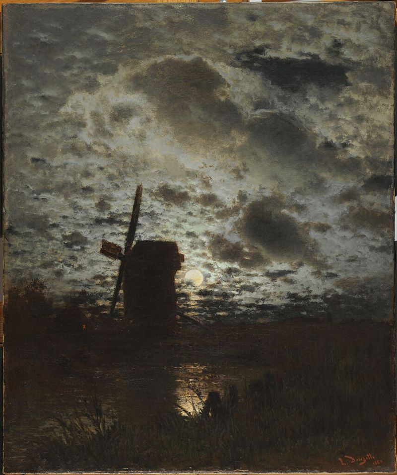 Landscape with Windmill, óleo sobre tela de Louis Douzette, apresentando um moinho de vento contra um céu azul.