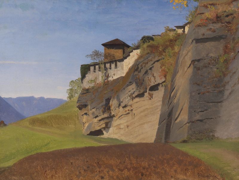 Richterhöhe am Mönchsberg em Salzburgo de Anton Hlavacek, óleo sobre tela que retrata colinas e luz do sol.