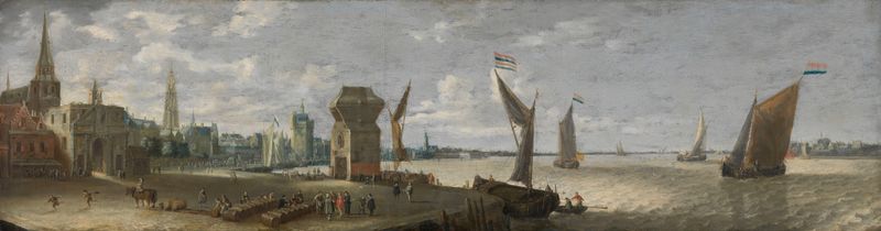 El astillero de Amberes de Bonaventura Peeters el Viejo, óleo sobre lienzo que representa trabajadores y barcos.