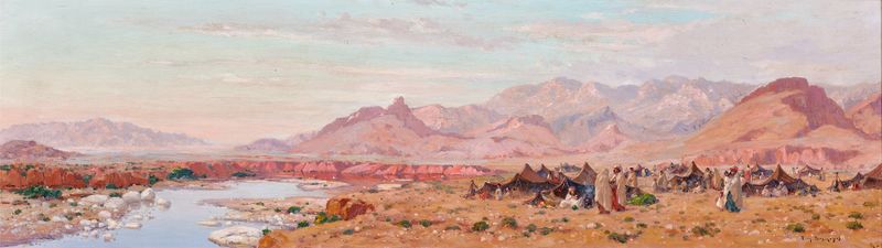 Figurative scene depicting figures in a camp, oil painting by Eugène Deshayes