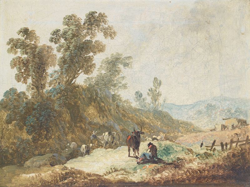 Paisaje pastoral de Jean-Baptiste Pillement, óleo sobre lienzo con montañas y flores.