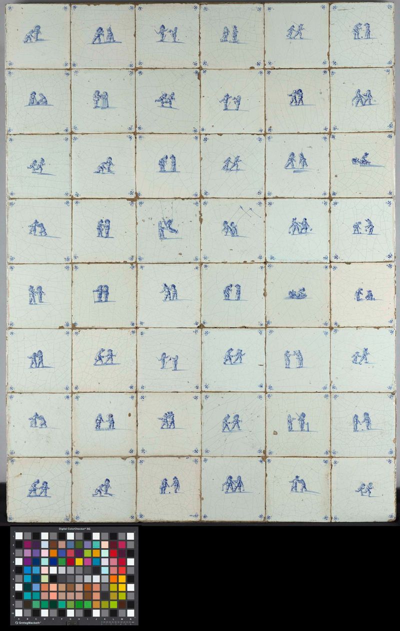 Tiles with Scenes of Children Playing, Rococo, Unknown Artist, representando niños alegres jugando en azulejos decorativos