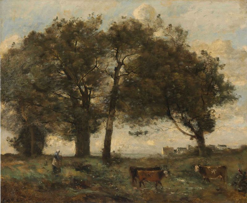 Marecages Boisée Avec Trois Vaches, óleo sobre tela de Jean-Baptiste-Camille Corot, retratando vacas em uma paisagem exube...